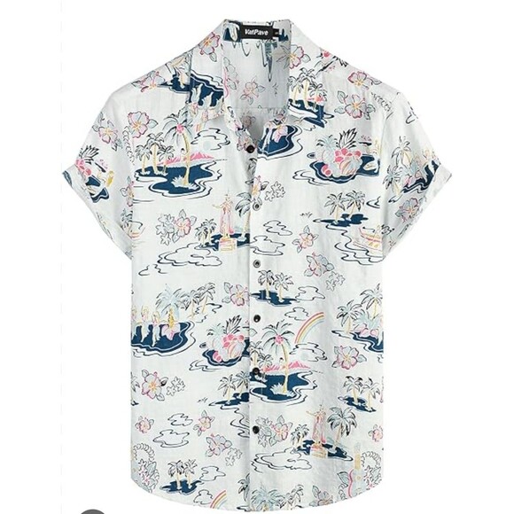 Mens L Aloha Shirt VatPave Button up Hawaiian Island Print Short Sleeve Beach - Picture 1 of 13